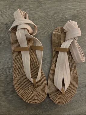 Woven Rope Sandals with Blush Wrap Straps